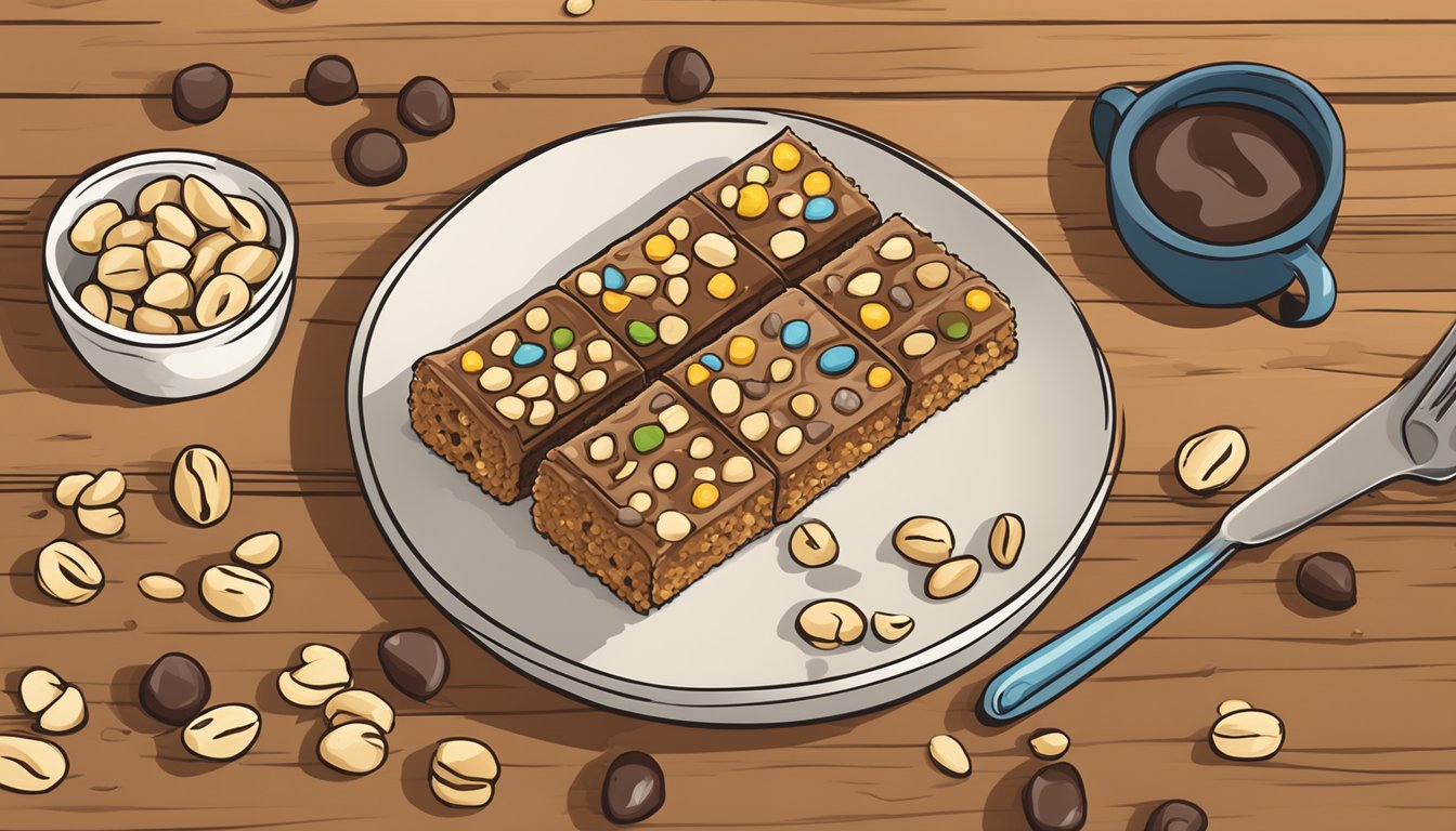 A colorful array of BHU Fit Plant Protein Bars surrounded by peanuts and chocolate chips on a wooden breakfast table