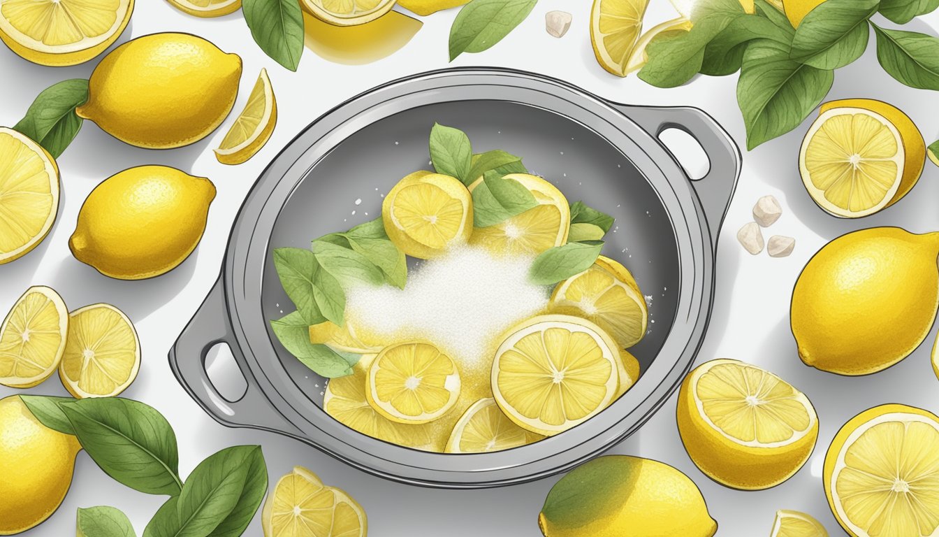 A bowl filled with fresh lemons being sliced and mixed with sugar and spices, ready to be used as filling for a vegan lemon pie