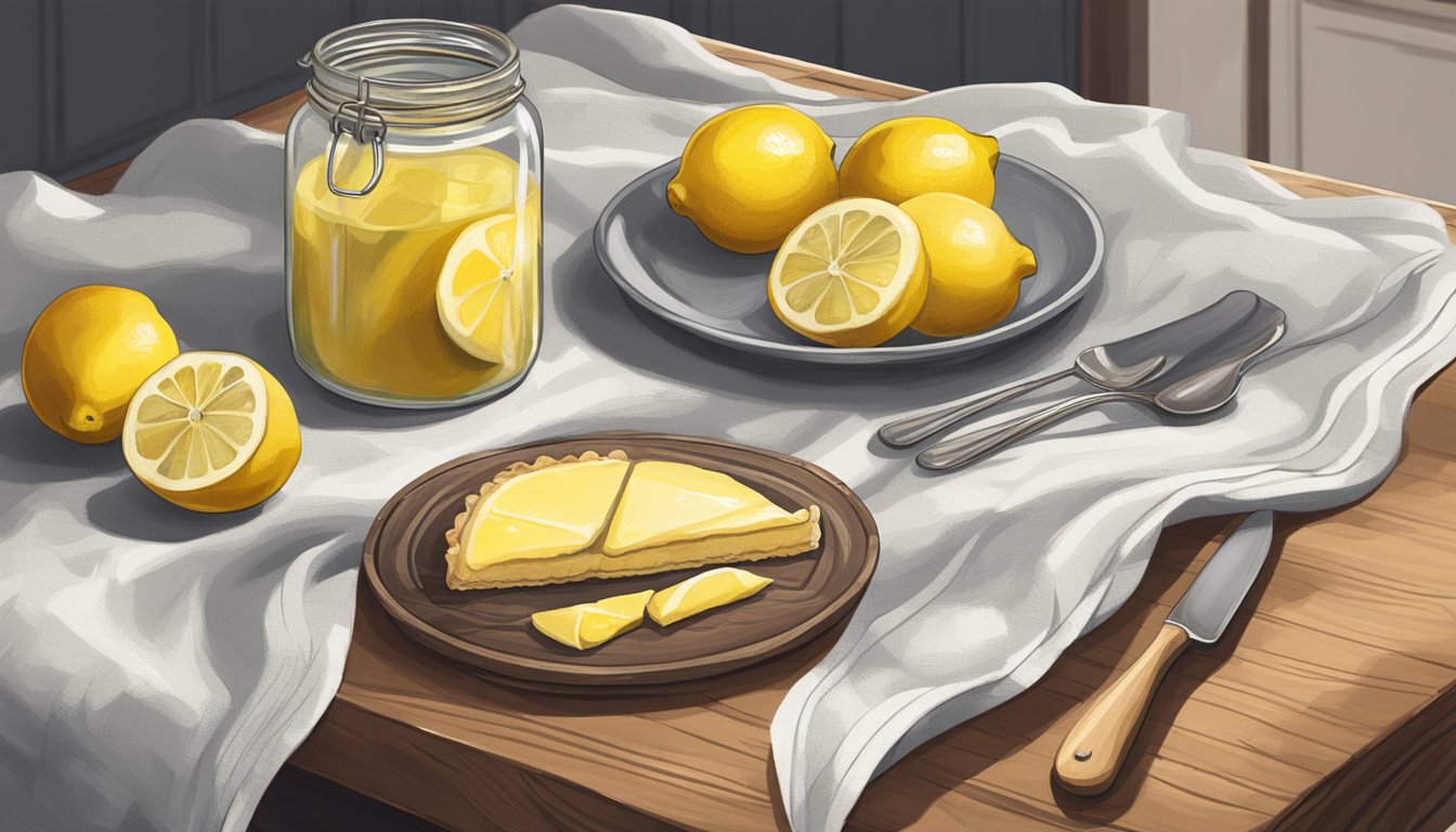 A rustic kitchen table with a sliced shaker lemon pie on a wooden cutting board, next to a glass jar of lemons and a linen cloth