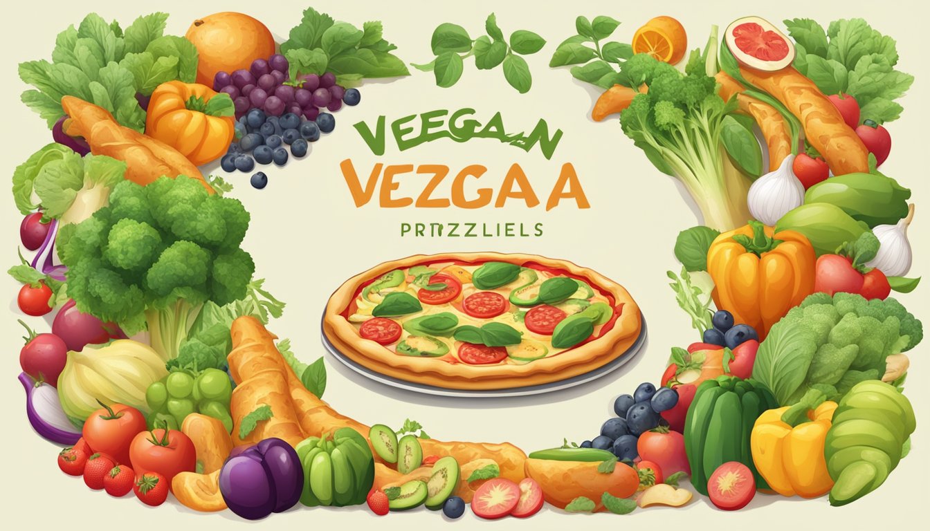 A pizza pretzel surrounded by various vegetables and fruits, with a prominent "vegan" label