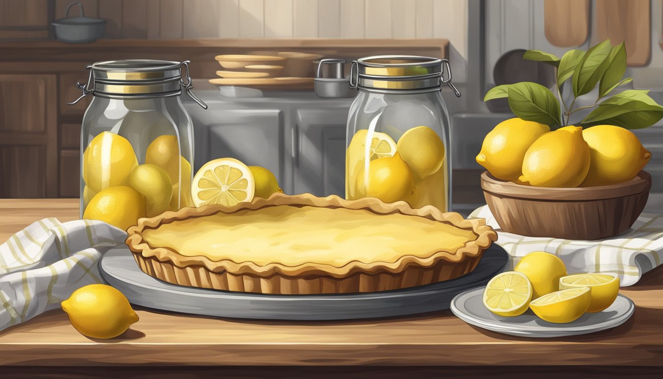 A rustic kitchen with a wooden table displaying a golden-brown shaker lemon pie surrounded by fresh lemons and a jar of sugar