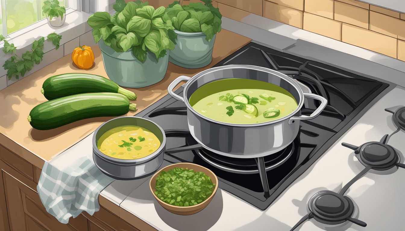 A pot of creamy zucchini soup simmering on a stove, surrounded by fresh zucchinis, herbs, and other ingredients