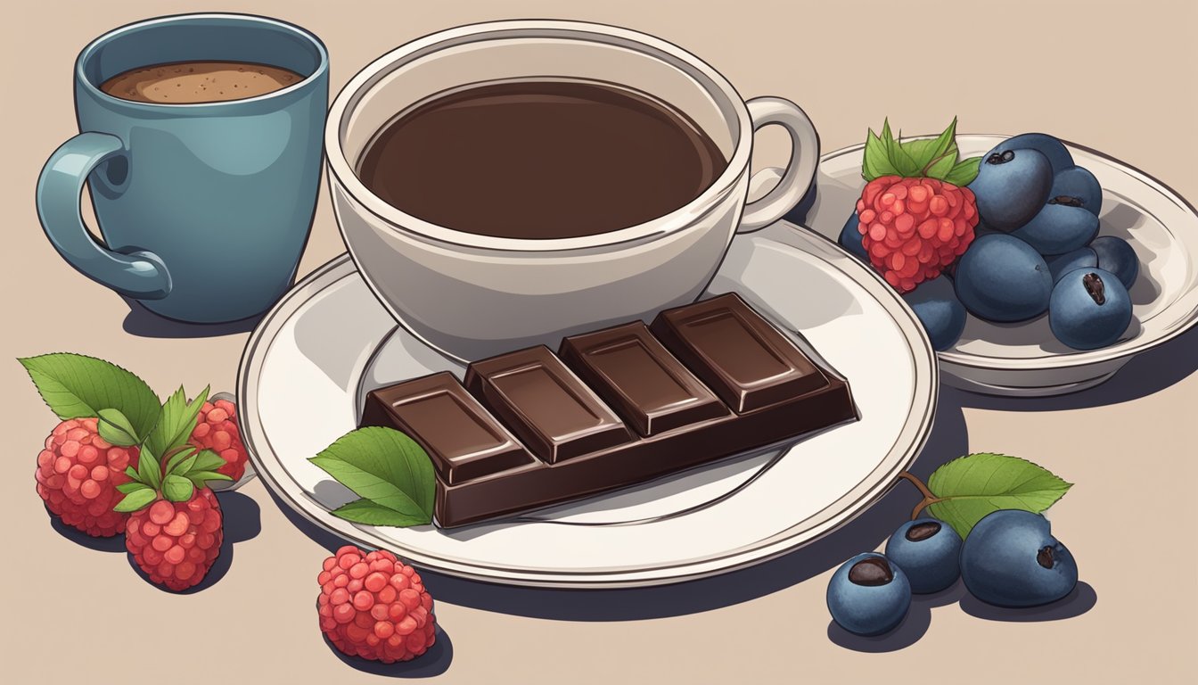 A plate with Good Measure Almond Dark Chocolate Bars surrounded by a cup of coffee and a bowl of fresh berries