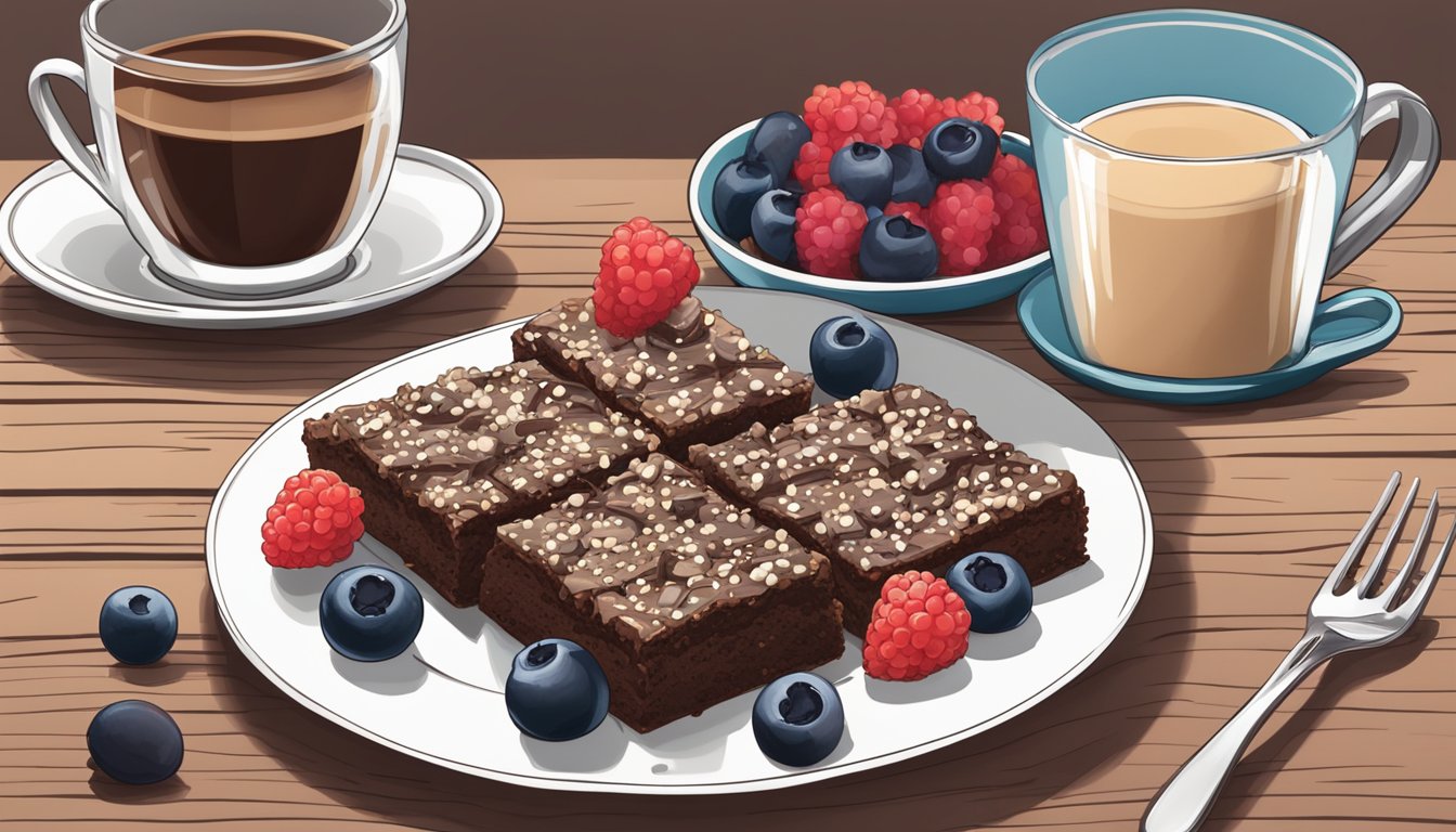 A table set with a plate of NuGo Slim Brownie Crunch breakfast bars, a cup of coffee, and a bowl of fresh berries