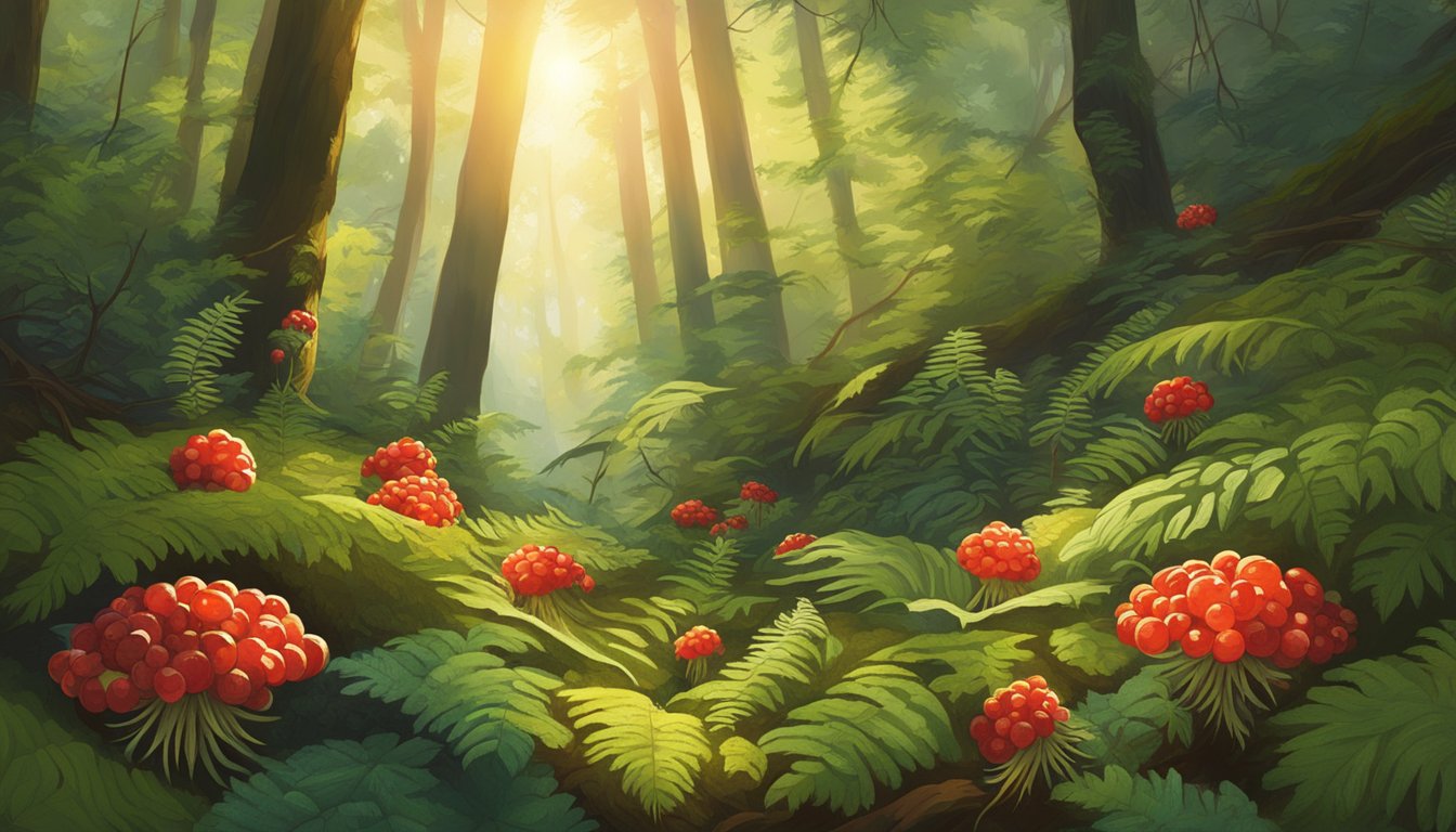 A lush forest floor with ripe salmonberries growing among ferns and moss. Sunlight filters through the canopy, highlighting the vibrant red berries