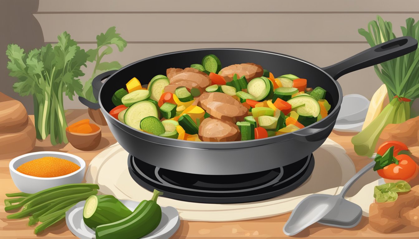 A sizzling skillet filled with colorful chunks of turkey, zucchini, and assorted vegetables, emitting a tantalizing aroma of savory spices