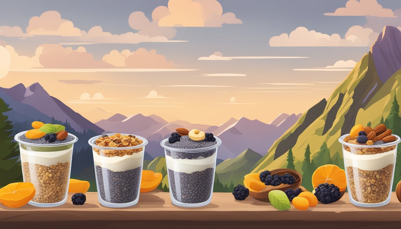 A variety of chia seed pudding cups surrounded by dried fruits, nuts, and granola, with a backdrop of a scenic hiking trail and mountains