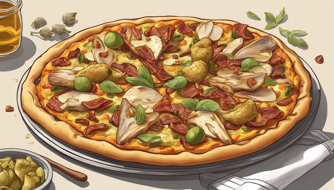 A sizzling pizza topped with grilled chicken, crispy bacon, and marinated artichoke hearts, all nestled on a golden crust