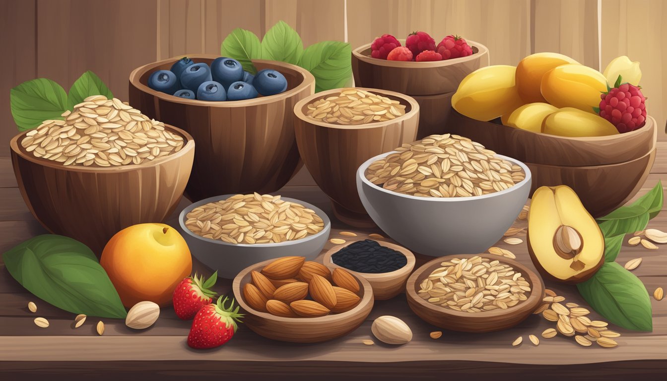 A variety of wholesome ingredients like oats, nuts, and seeds arranged on a rustic wooden table with a bowl of fresh fruit