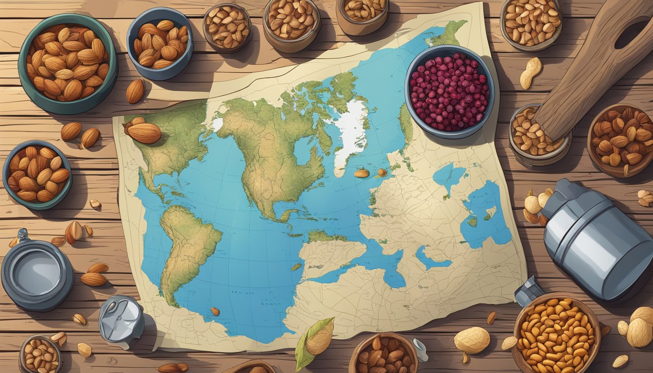 A colorful mix of nuts and dried berries scattered on a rustic wooden table, surrounded by hiking gear and a map