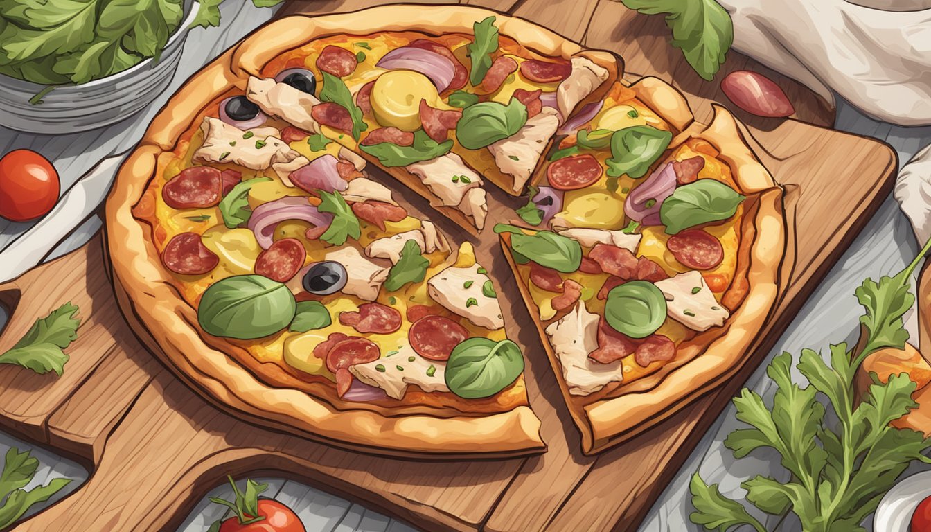 A colorful pizza with chicken, bacon, and artichoke toppings on a wooden cutting board