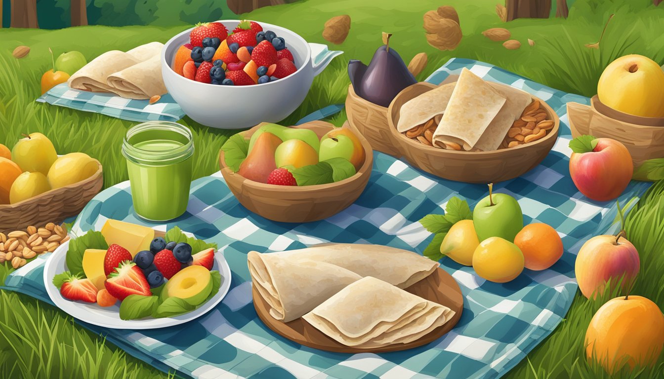 A colorful array of whole grain turkey wraps, fresh fruits, and nuts arranged on a checkered picnic blanket in a lush, green hiking trail setting