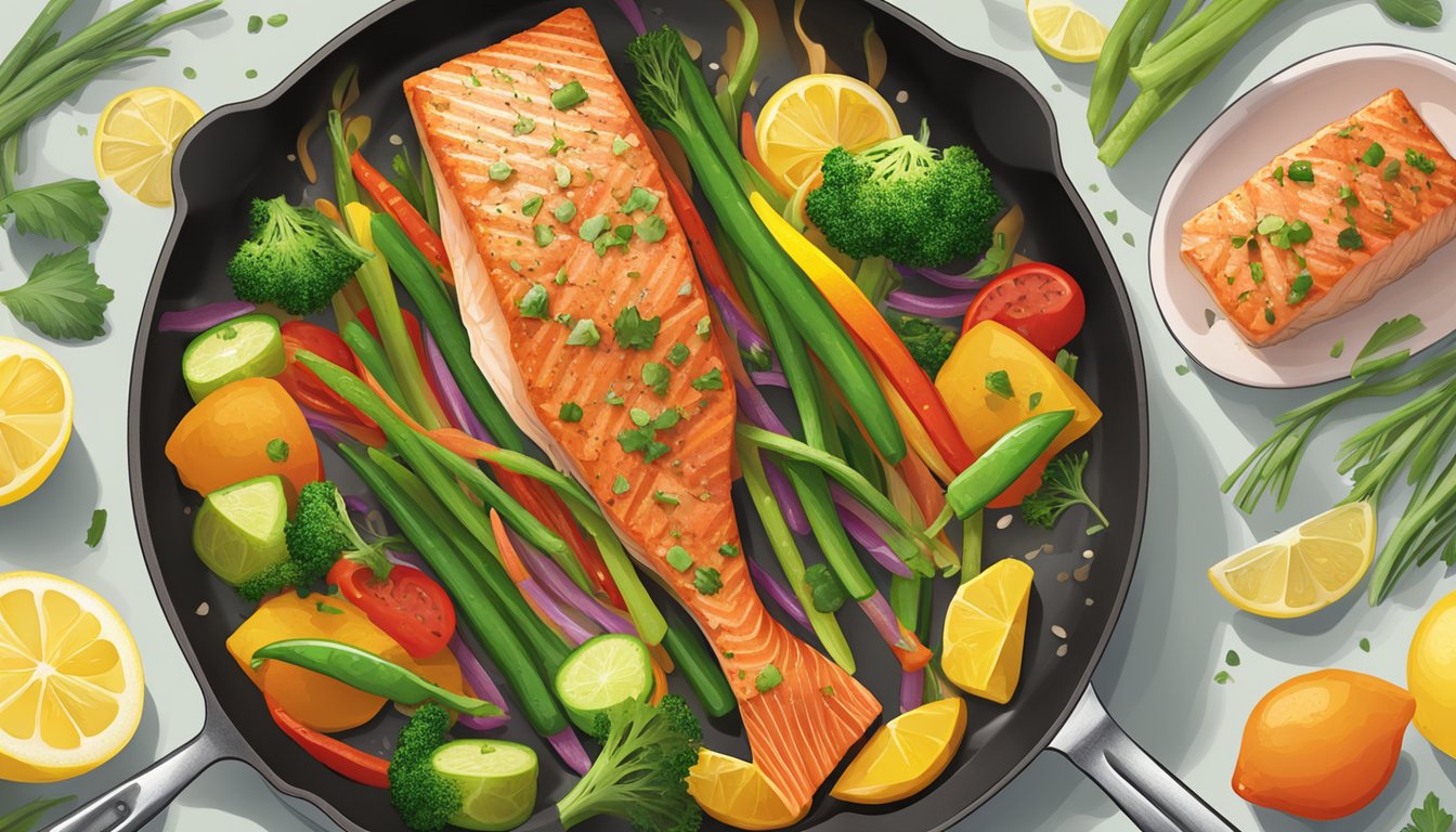 A sizzling pan with lemon pepper salmon and colorful stir-fry vegetables cooking together over a high flame