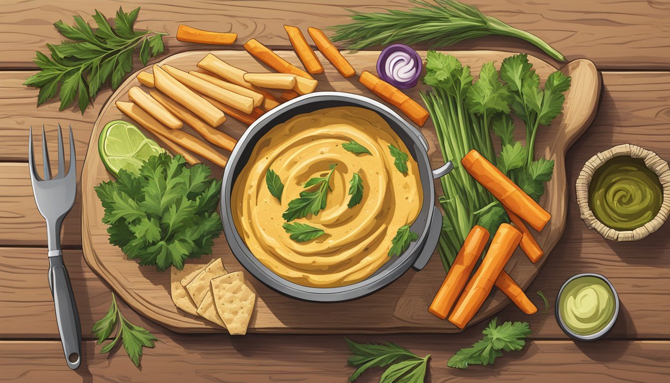 A colorful array of hummus and veggie sticks arranged on a rustic wooden cutting board, surrounded by lush greenery and hiking gear