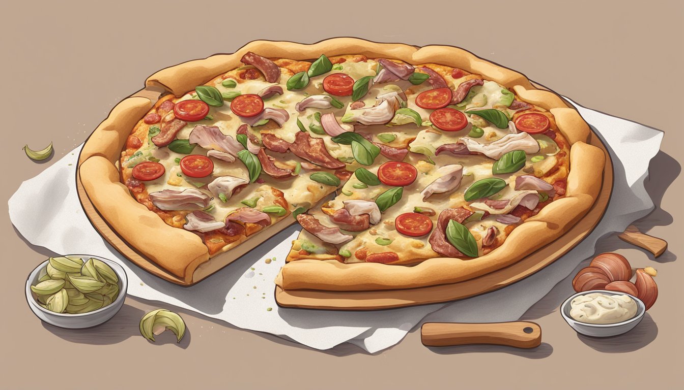 A pizza base with chicken, bacon, and artichoke toppings, surrounded by various crust options