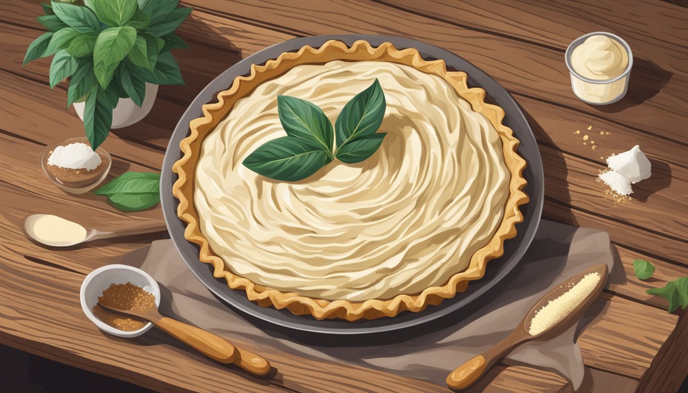 A vegan sugar cream pie being prepared with plant-based ingredients and a decorative crust, displayed on a rustic wooden table