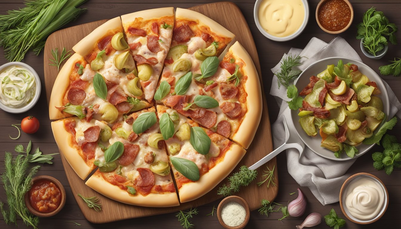 A pizza being topped with chicken, bacon, and artichokes on a wooden cutting board surrounded by ingredients like cheese, sauce, and herbs