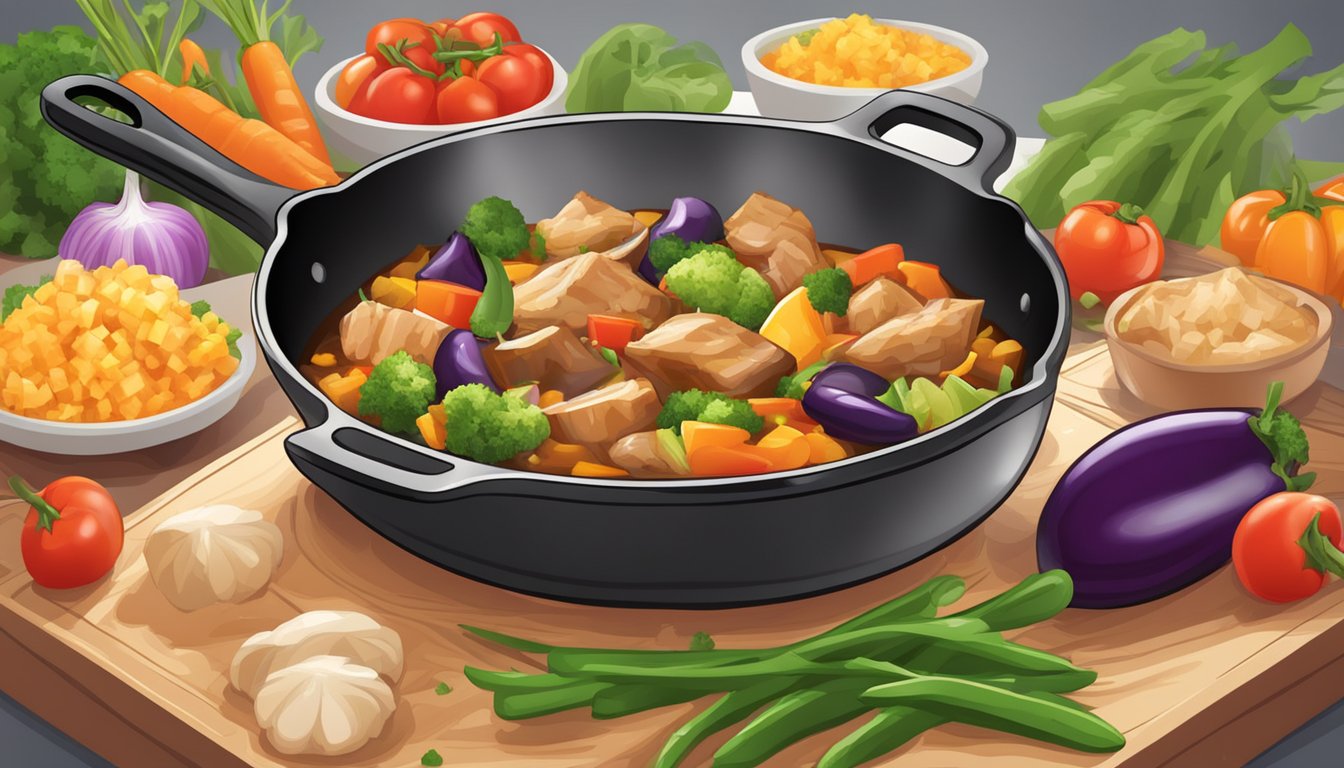 A sizzling skillet with diced eggplant, chicken, and colorful vegetables cooking in a savory sauce, emitting a mouthwatering aroma