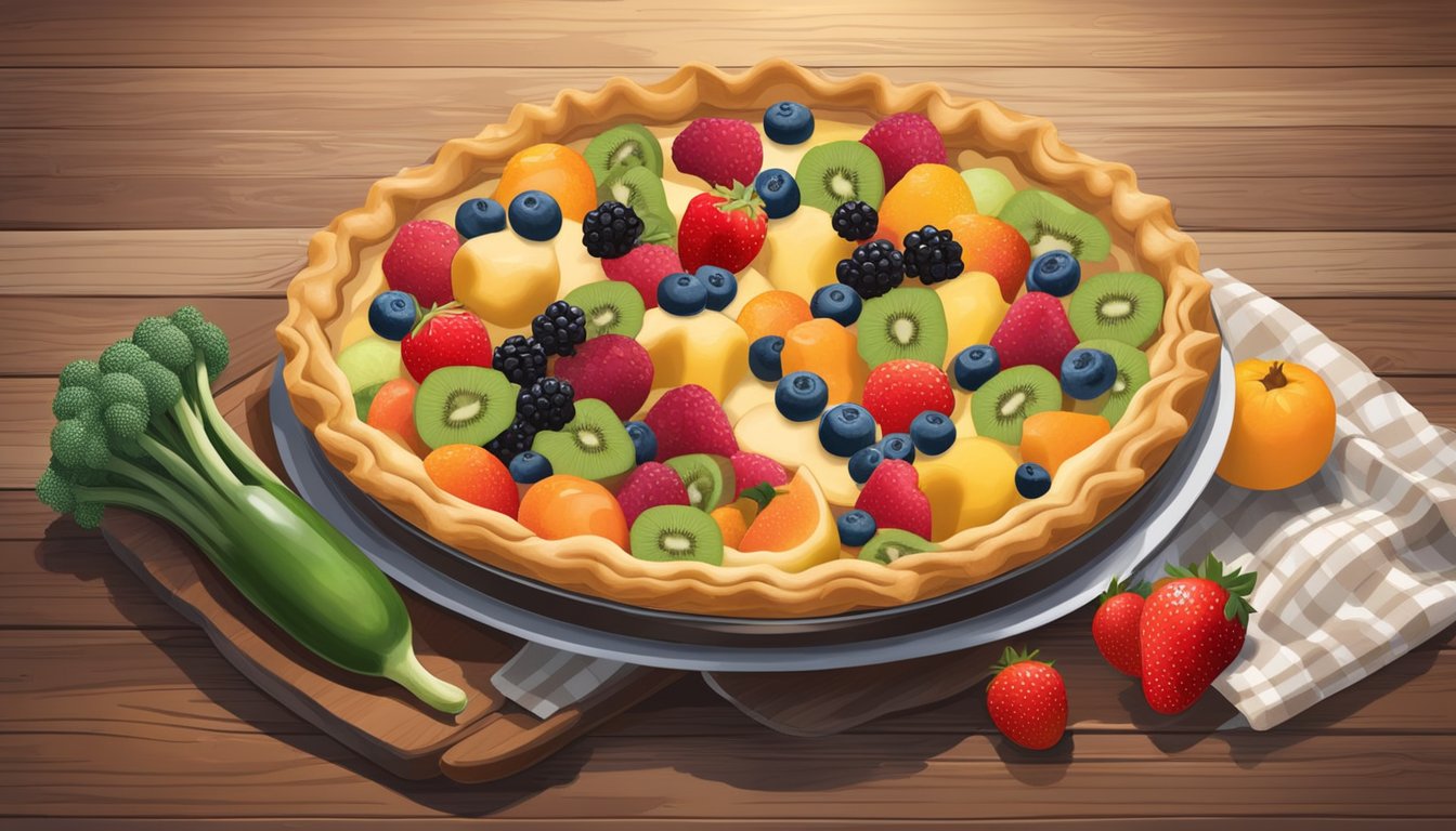 A freshly baked sugar cream pie sits on a rustic wooden table, surrounded by a variety of colorful fruits and vegetables. A nutrition label is visible next to the pie