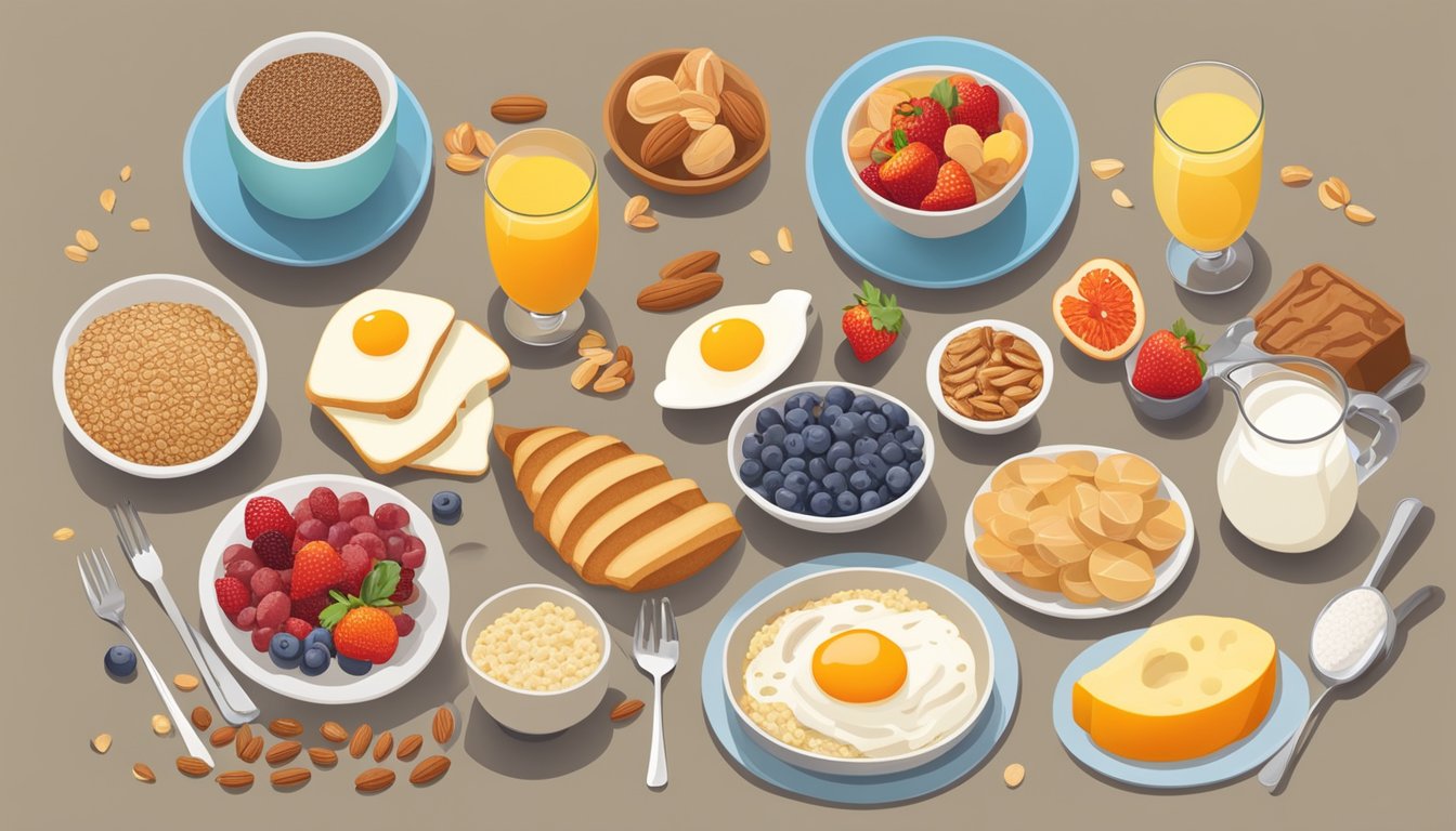 A colorful array of diabetes-friendly breakfast foods arranged on a table, including whole grains, fruits, nuts, and low-fat dairy products