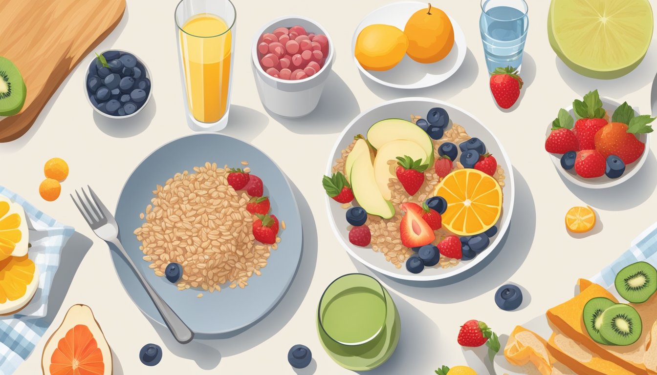 A breakfast table with a colorful spread of fruits, whole grains, and lean proteins, accompanied by a glass of water and a prenatal vitamin