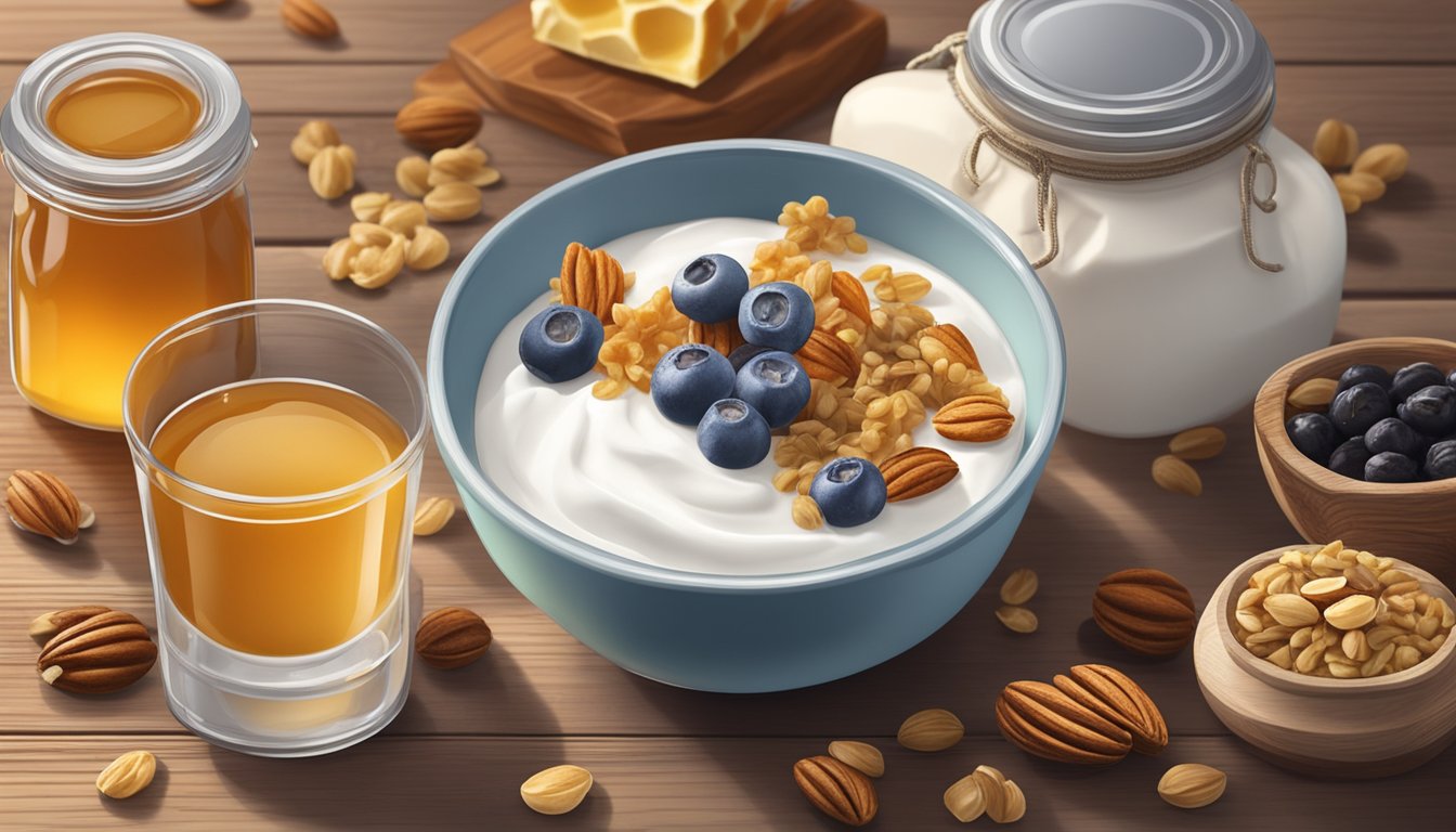 A small container of Greek yogurt with honey sits on a rustic wooden table surrounded by granola, fruit, and nuts. A backpack and hiking gear are visible in the background