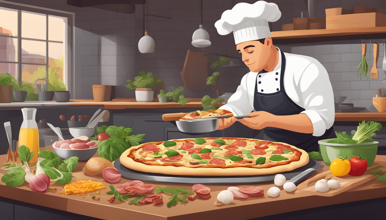 A chef prepares a chicken bacon artichoke pizza, surrounded by fresh ingredients and cooking utensils