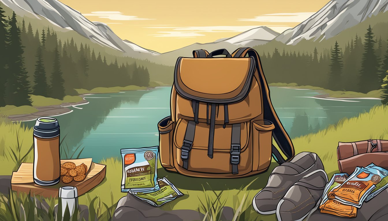 A backpack with 11 beef jerky snack packs, surrounded by hiking gear and nature background