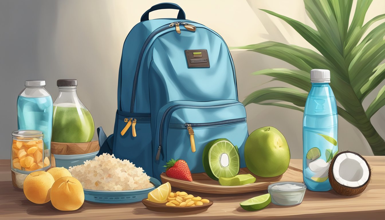 A backpack surrounded by a variety of healthy snacks, with a bottle of coconut water prominently displayed for hydration