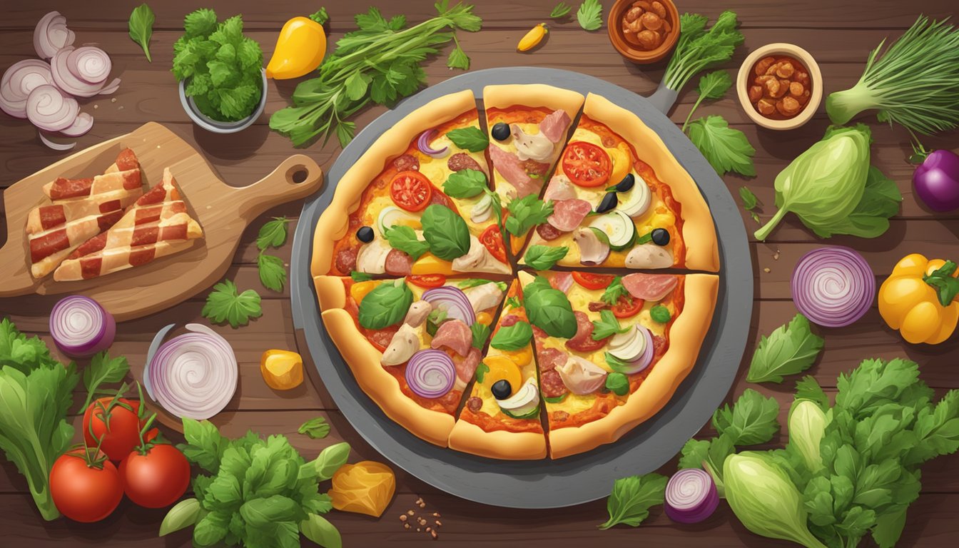 A colorful pizza topped with chicken, bacon, and artichokes, surrounded by fresh vegetables and herbs on a wooden table