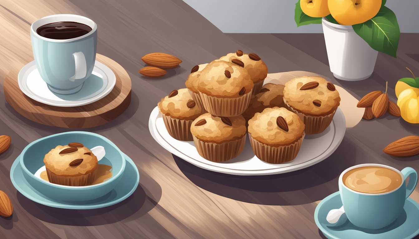 A table set with a plate of almond flour apple cinnamon muffins, a cup of coffee, and a bowl of fresh fruits