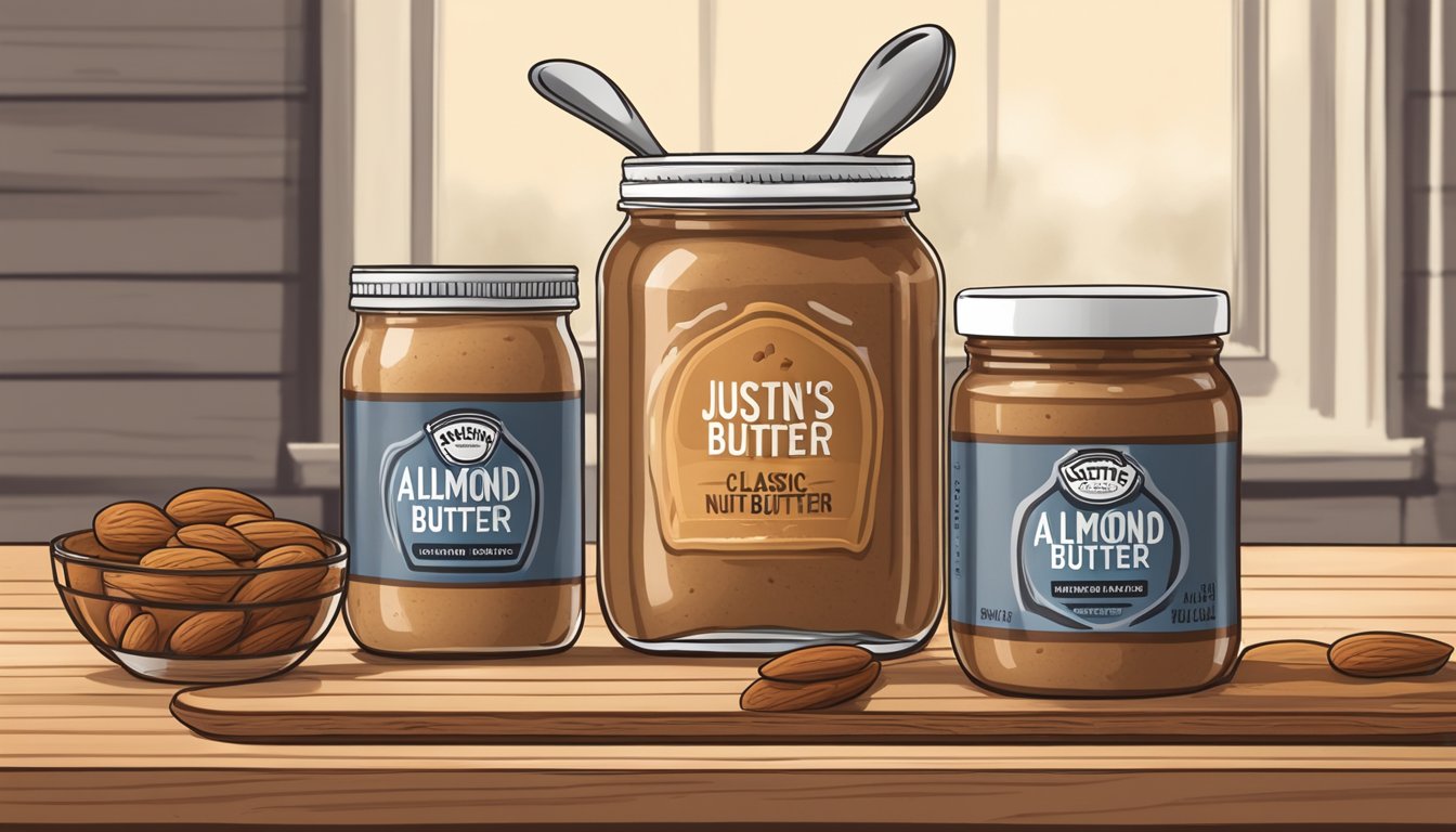 A jar of Justin's Classic Almond Butter surrounded by two other jars of nut butter on a wooden table, with a spoon and a slice of bread next to them