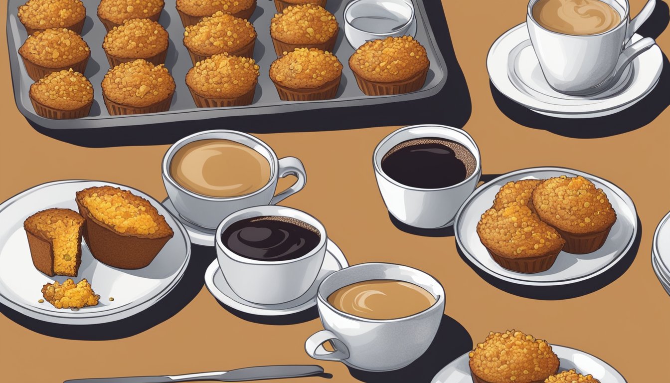 A table set with a plate of pumpkin quinoa muffins, a cup of coffee, and a small bowl of fresh fruit