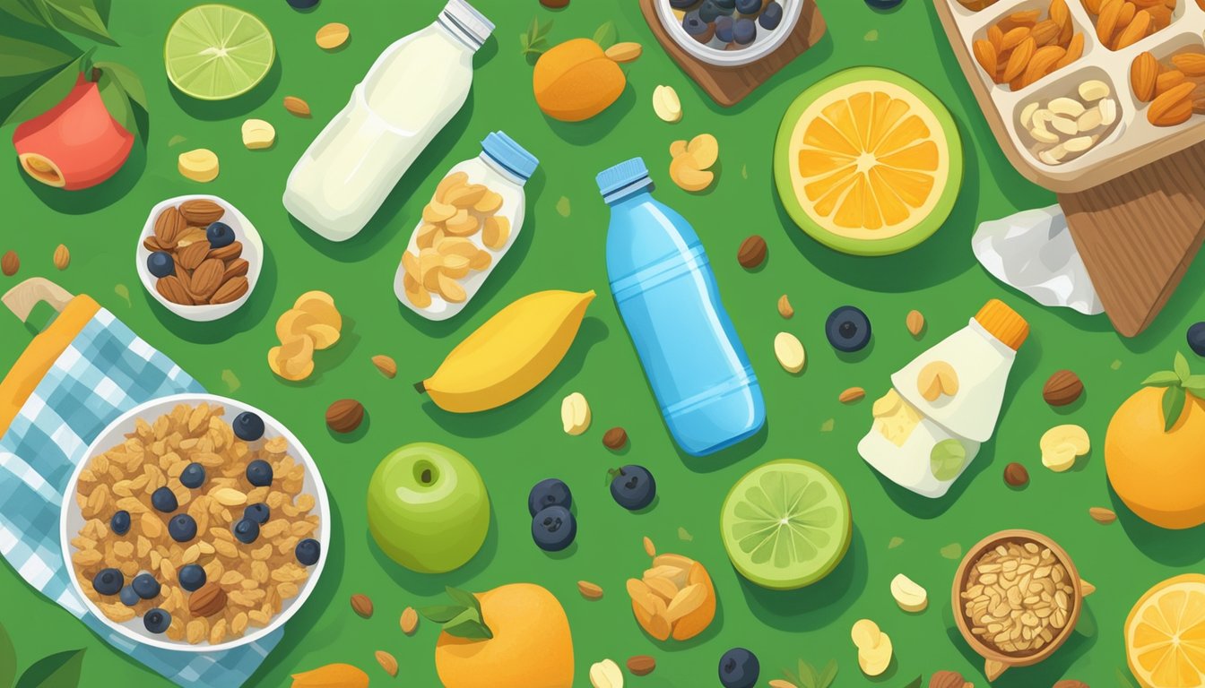 A water bottle surrounded by a variety of healthy snacks, such as fruits, nuts, and granola bars, laid out on a picnic blanket in a lush, green forest clearing