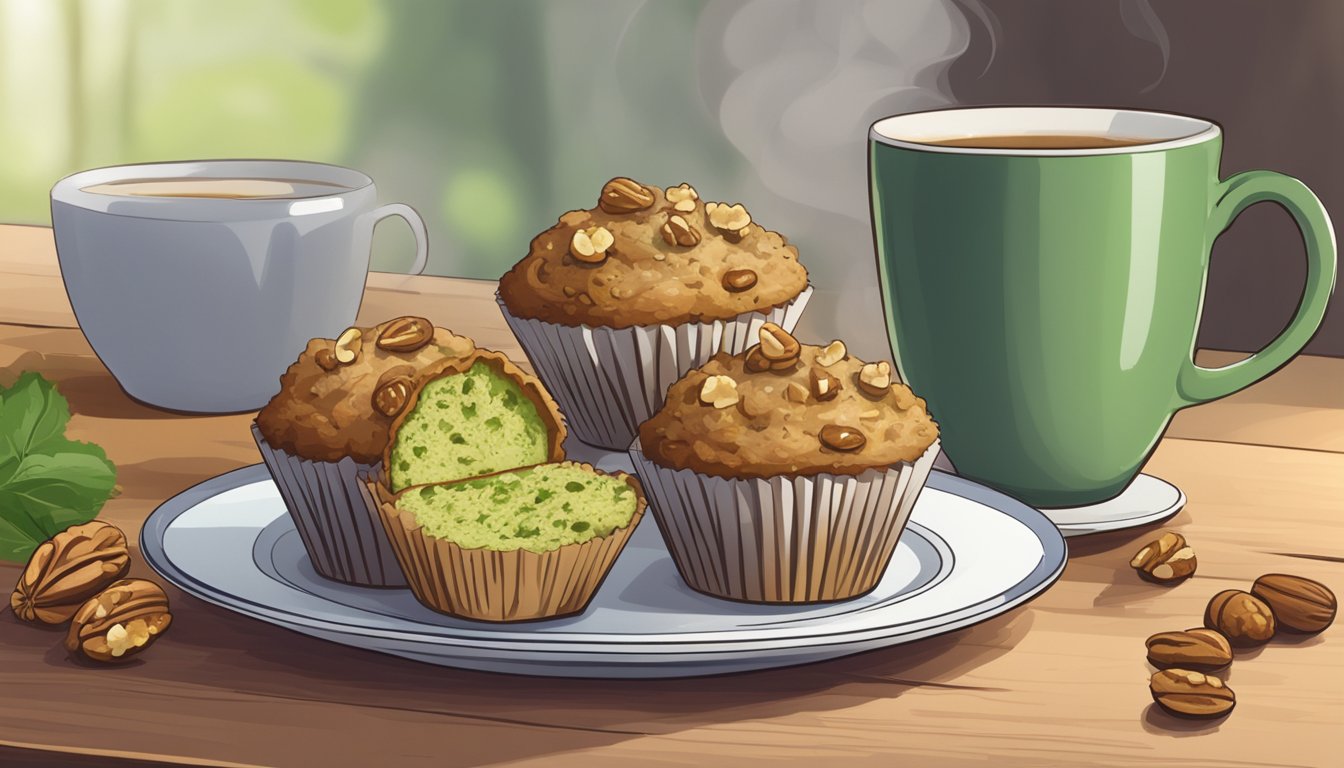 A plate of zucchini walnut muffins sits beside a steaming cup of tea on a wooden table, with a fresh zucchini and a scattering of walnuts nearby