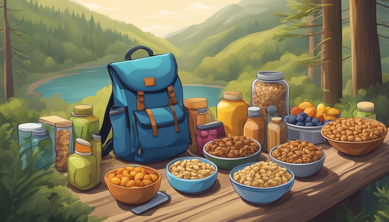 A backpack filled with various healthy snacks, such as nuts, fruits, and granola bars, laid out on a scenic hiking trail