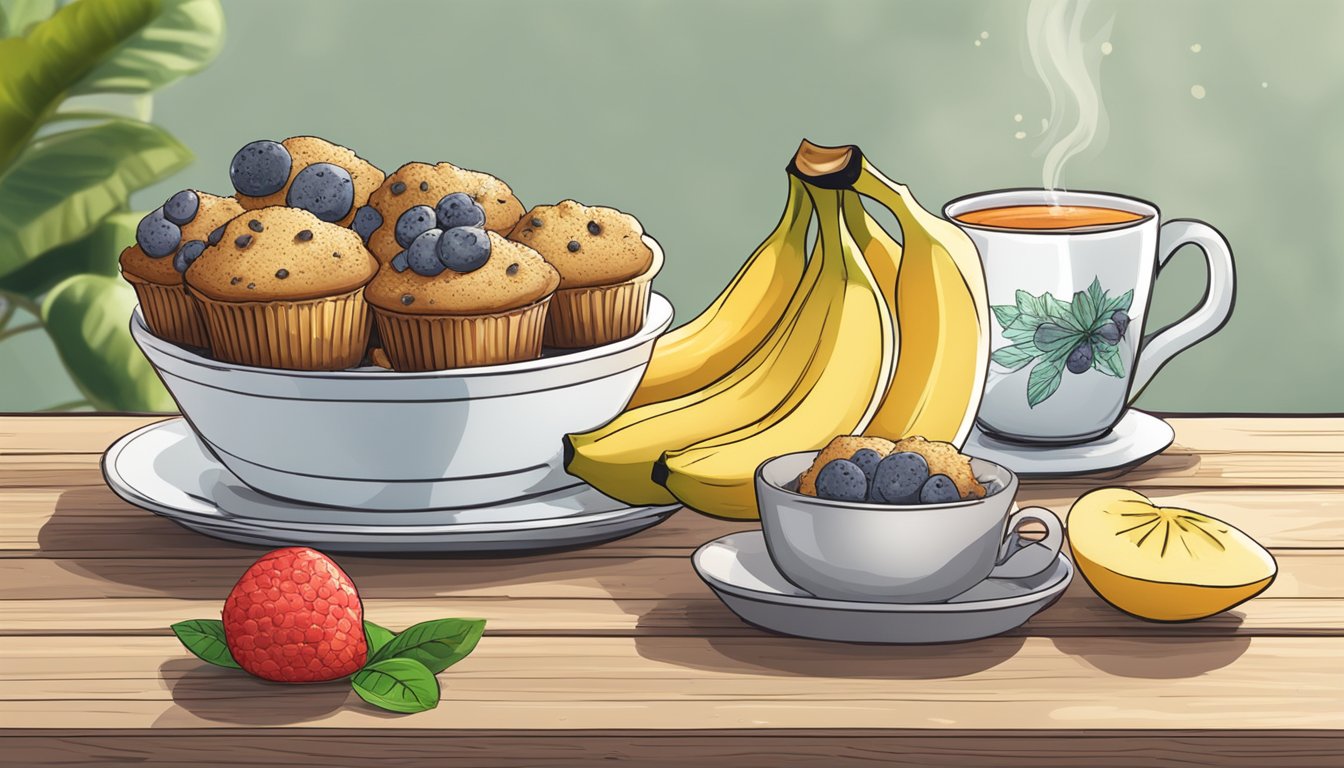 A plate of banana chia seed muffins sits on a wooden table, surrounded by fresh fruit and a steaming cup of tea