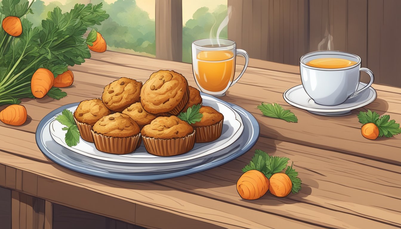 A plate of carrot ginger muffins with a side of fresh fruit and a cup of herbal tea on a wooden table