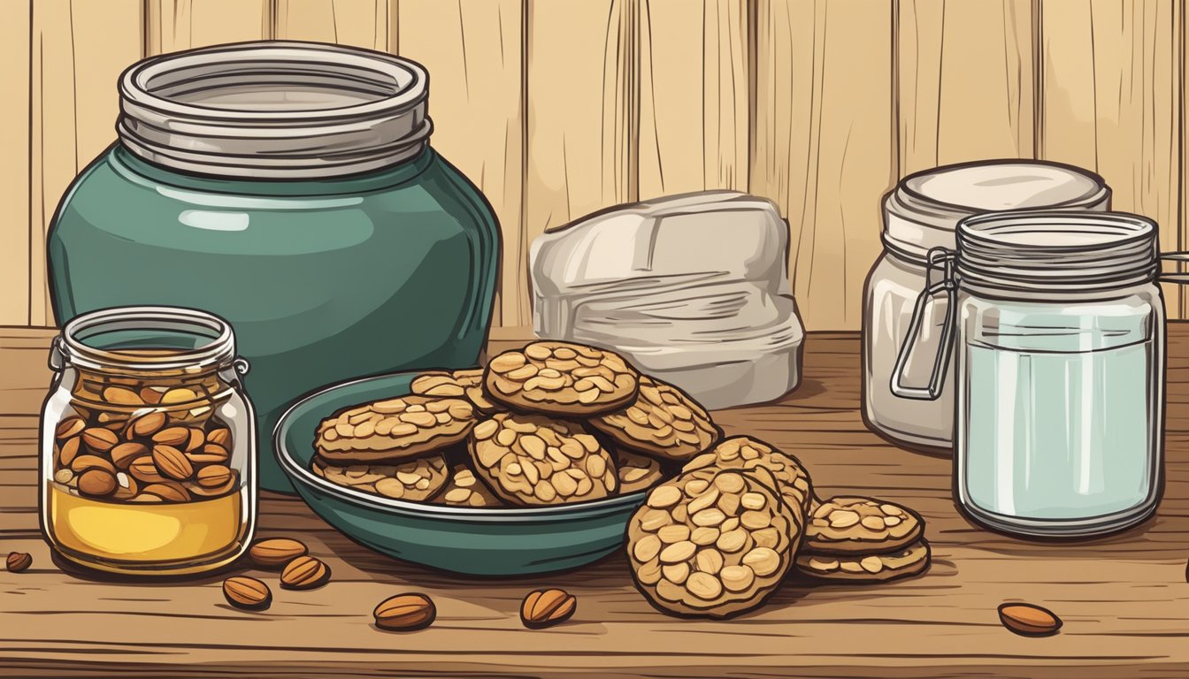 A rustic kitchen counter displays a stack of traditional Florentine cookies next to a bowl of mixed nuts and a jar of honey