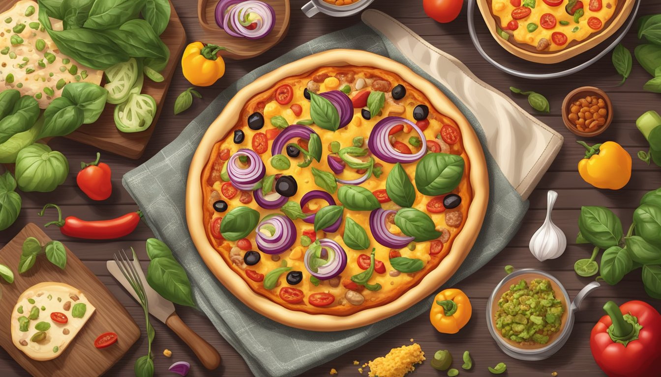 A table set with a colorful vegan chili cheese pizza, surrounded by fresh ingredients and a cozy home atmosphere