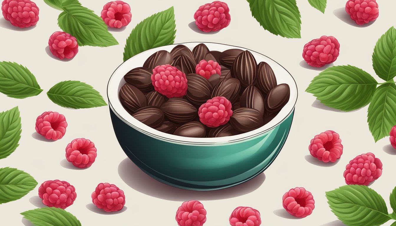 A bowl of dark chocolate almonds surrounded by fresh raspberries and mint leaves