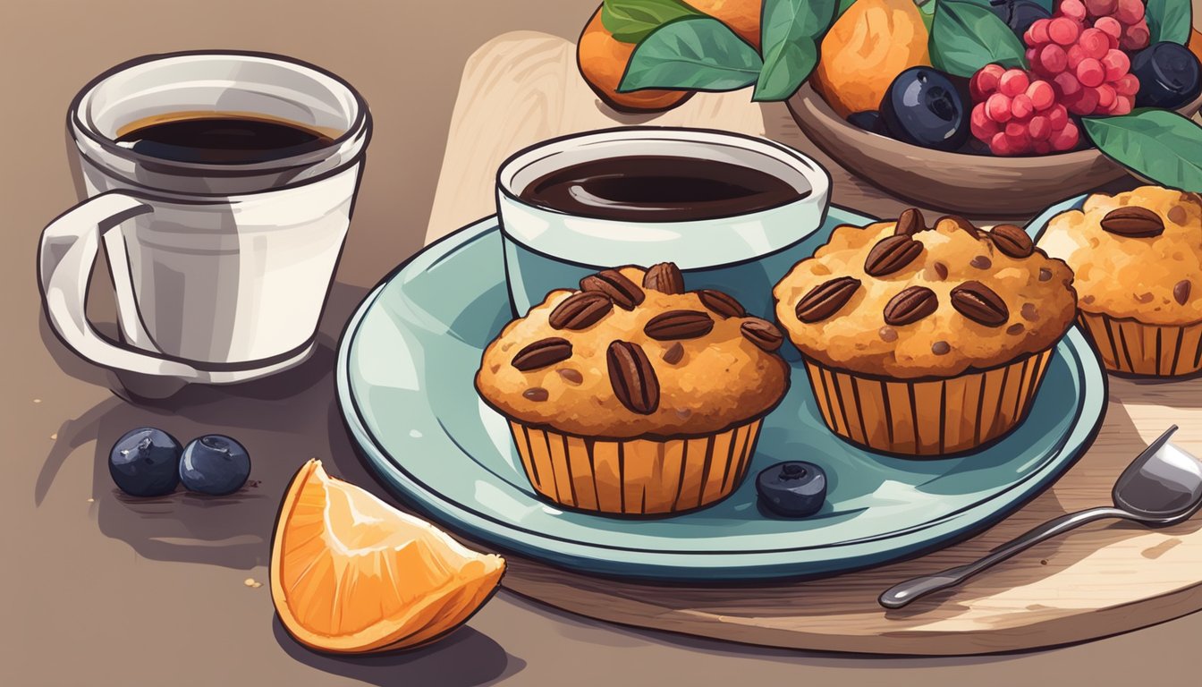 A plate of sweet potato pecan muffins surrounded by fresh fruit and a cup of black coffee on a table