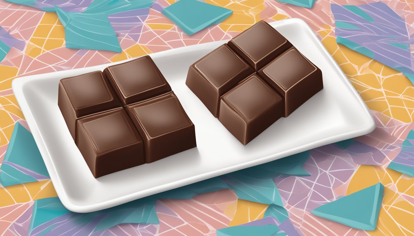 Three ChocZero sugar-free milk chocolate squares on a white plate with a decorative background