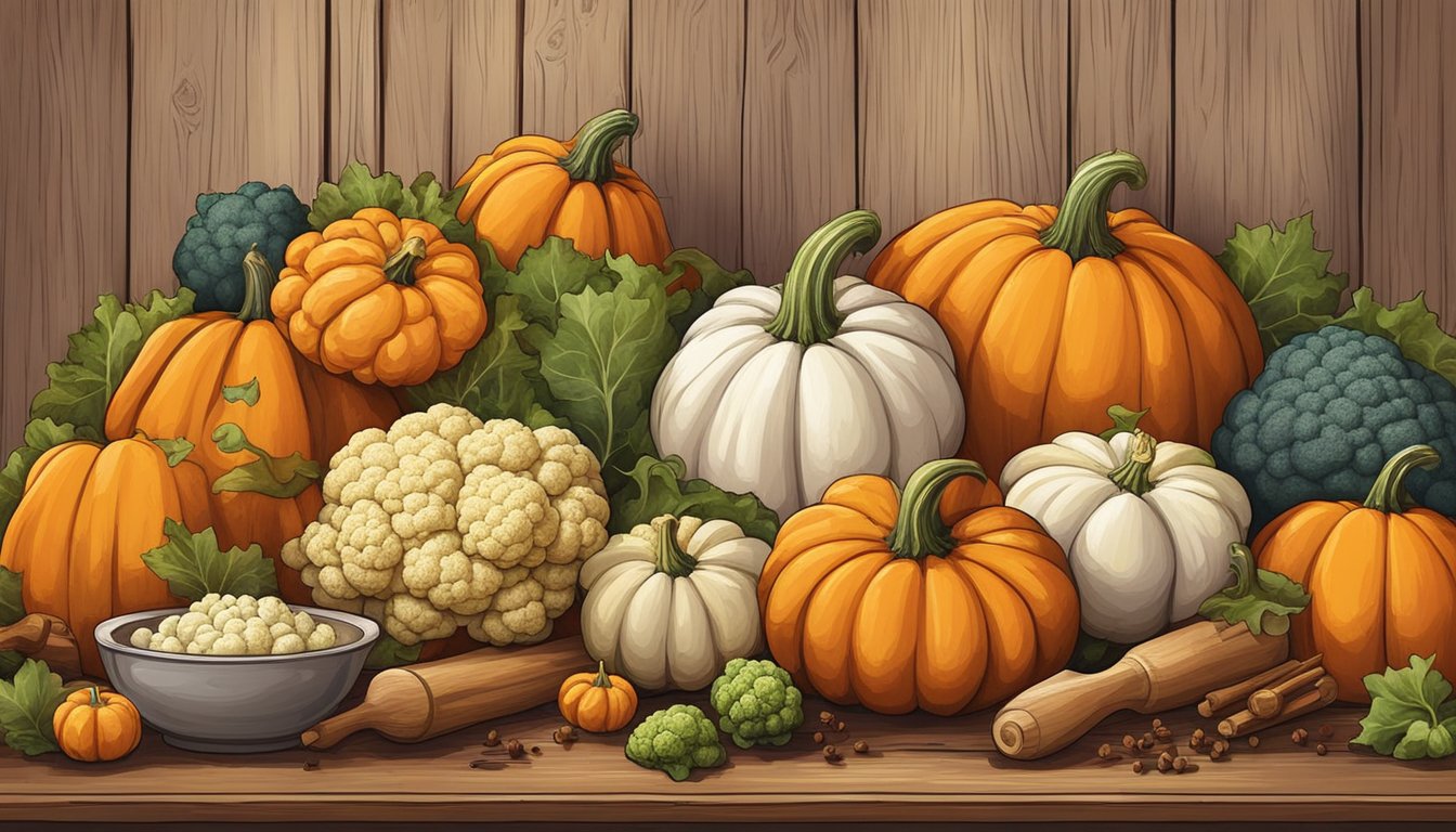 A colorful array of pumpkins and cauliflower arranged on a rustic wooden table, surrounded by various cooking utensils and spices