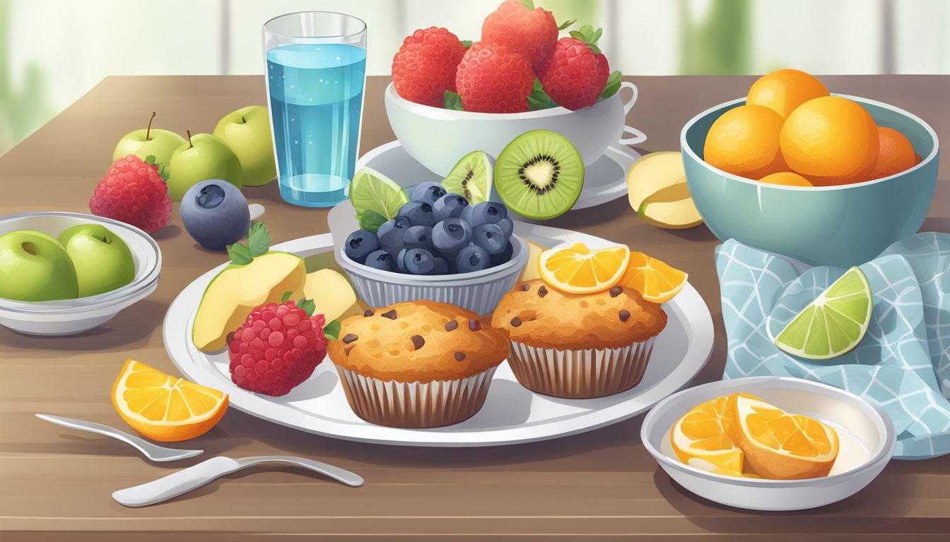 A table set with a plate of diabetes-friendly breakfast muffins, surrounded by fresh fruits and a glass of water