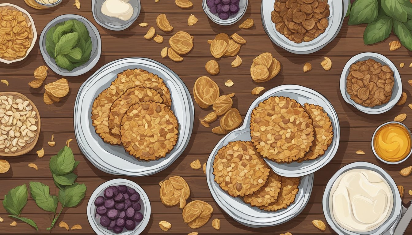 A plate of vegan florentines on a wooden table, surrounded by fresh ingredients and airtight containers for storage