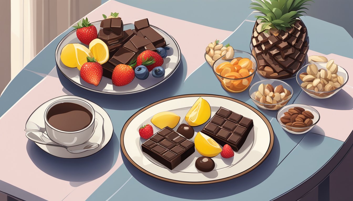 A table with three plates of guilt-free chocolate treats, surrounded by fresh fruits and nuts, with a glass of water on the side