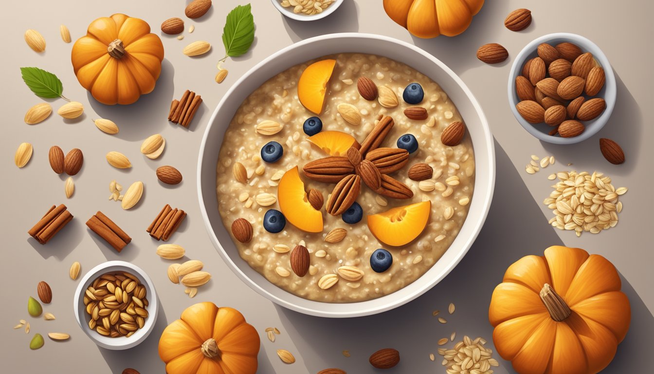 A bowl of pumpkin oatmeal topped with an assortment of nuts and seeds, surrounded by various ingredients like cinnamon, honey, and fresh fruit