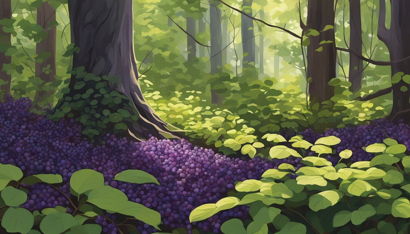 A lush forest floor with dappled sunlight, showcasing wild serviceberry bushes heavy with ripe, deep purple berries