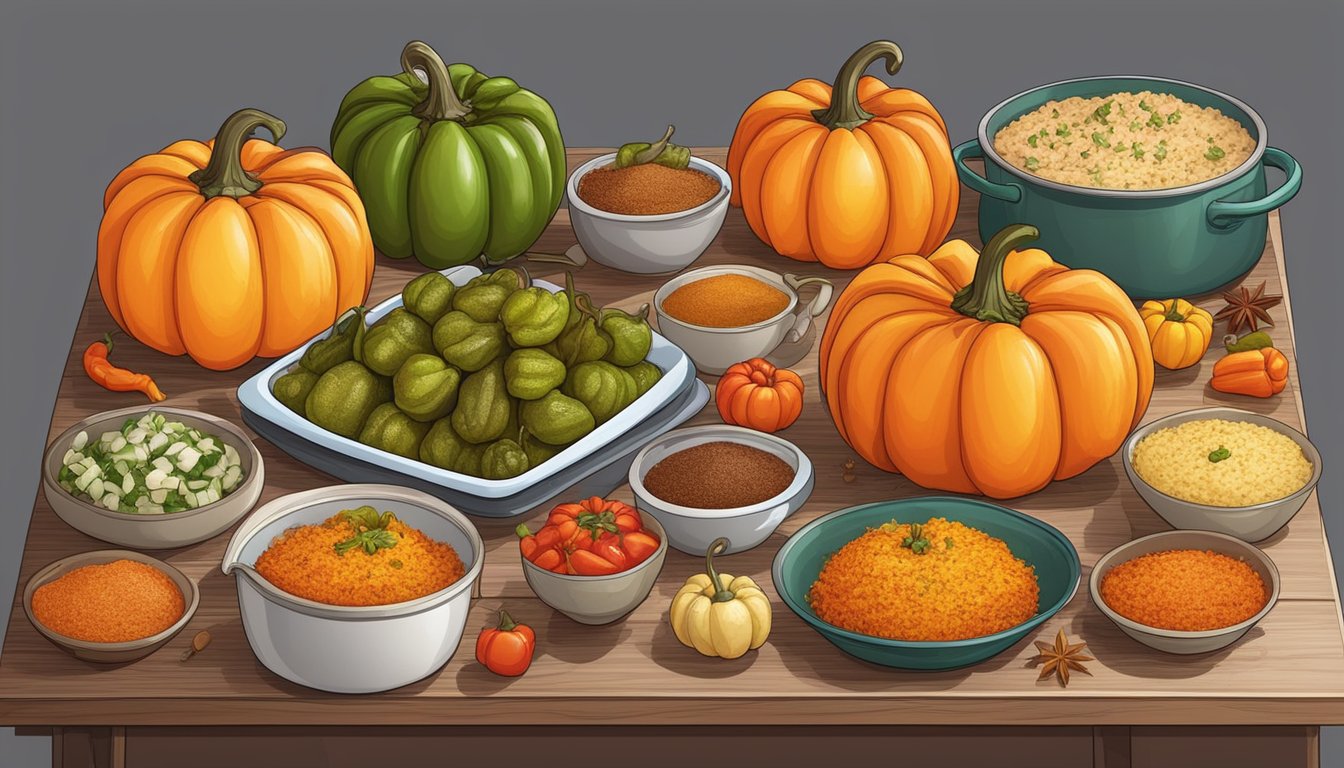 A table set with 11 colorful stuffed pumpkin peppers, surrounded by various diabetic-friendly ingredients and spices